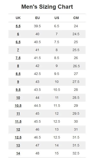 uk sneakers size chart.